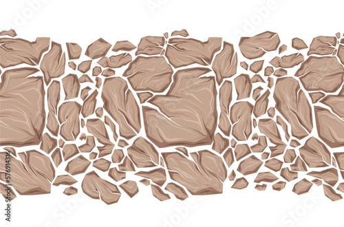 Vector seamless horizontal frame made of dry clay. Texture frieze with cartoon smashed rocks with cracks isolated from background.