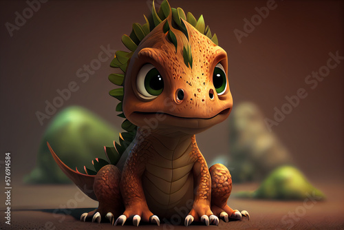 a cute adorable baby dinosaur generative ai rendered in the style of children-friendly cartoon animation fantasy style © mizan