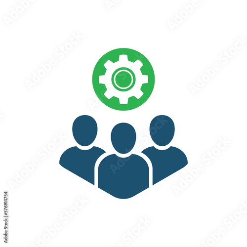 team work icon with gear like easy operation process. flat cartoon trend technical union of people logotype graphic simple design element isolated on white. concept of tech help service or maintenance