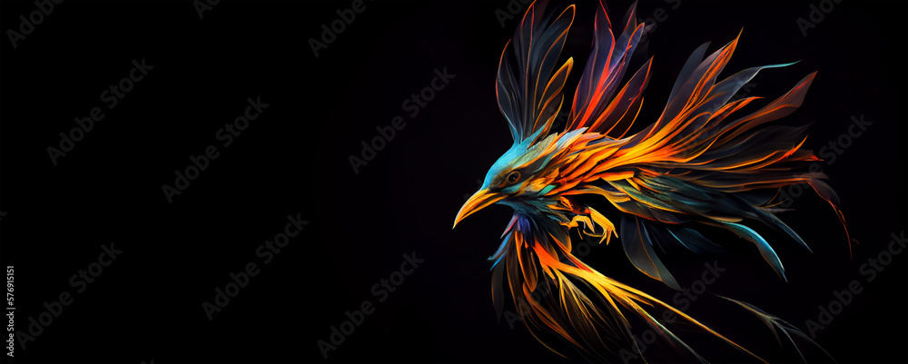 Colored abstract bird of paradise on a black background. Image created with Generative AI technology Colored abstract bird of paradise on a black background. Image created with Generative AI technology