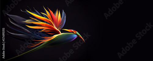 Colored abstract bird of paradise on a black background. Image created with Generative AI technology