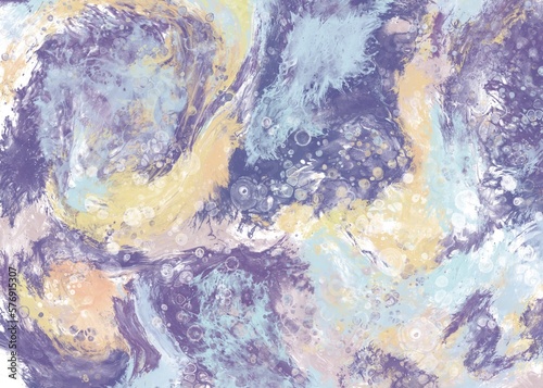 Abstract Fluid Acrylic Painting. Modern art. Marble Ink Background. Hand Painted fluid marble acrylic pour in blue, purple and yellow background