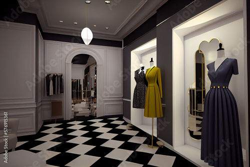 Contemporary interior of a large chic dress shop. generative ai designed
