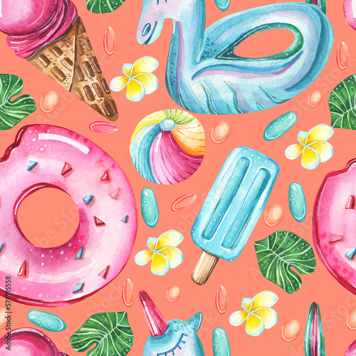 Seamless watercolor pattern. Hand drawn inflatable donut, inflatable unicorn, beach ball, ice cream and tropical leaves and flowers on color background. summer, vacation, beach photo