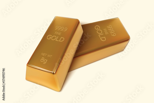 Two Gold bars on isolated background. 8gm Gold Ingot. 3D Render. Vector illustration.