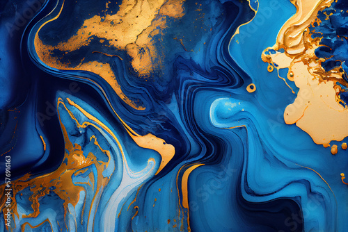 Swirl of blue gold marble abstract background, Liquid marble design abstract, light blue azure tones with golden, Paint marble texture. Alcohol ink colors, Generative Ai
