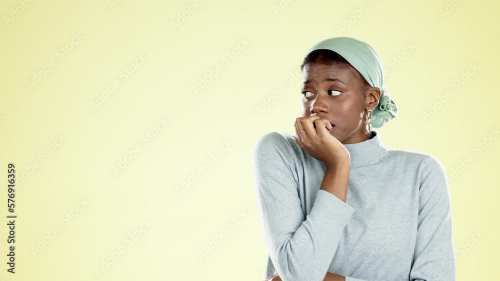 Black woman, fear and anxiety with stress and scared, mental health and ...