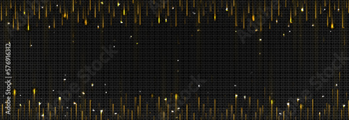 Golden meteor fall vector frame on black background. Gold rain veil with light effect holiday magic illustration. Abstract comet thread illuminated border for anniversary or birthday party greeting