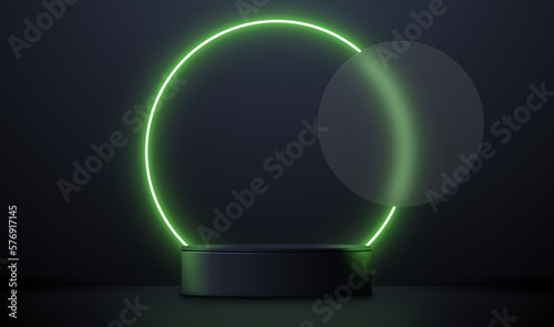 Realistic 3d cylinder pedestal podium with circle green neon glowing. Abstract vector rendering geometric forms. Product presentation, mock up, show cosmetic product, Podium, stage pedestal.