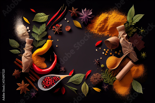 illustration of wide variety of spices and herbs on the background of the black table, with empty space, Generative AI