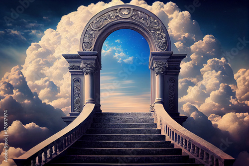 Stairway to heaven in glory, gates of Paradise, meeting God, a symbol of Christianity, generative ai