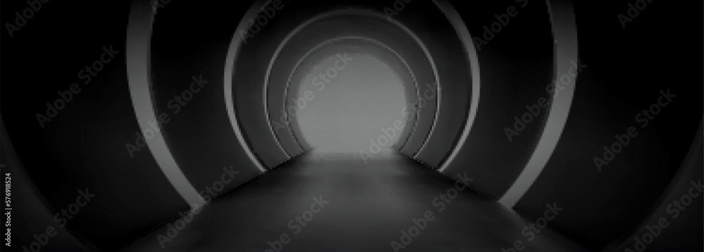 Fototapeta premium Empty tunnel interior in perspective view. Abstract futuristic architecture, modern gallery hall or corridor black circle walls, vector realistic illustration