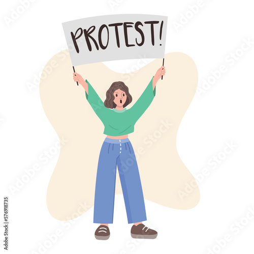 girl protesting with banner. Cartoon style. Vector illustration.