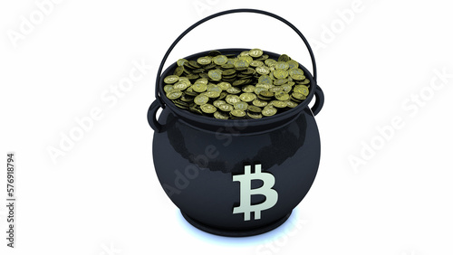 Pot of gold bitcoin for St. Patrick s Day  3d illustration