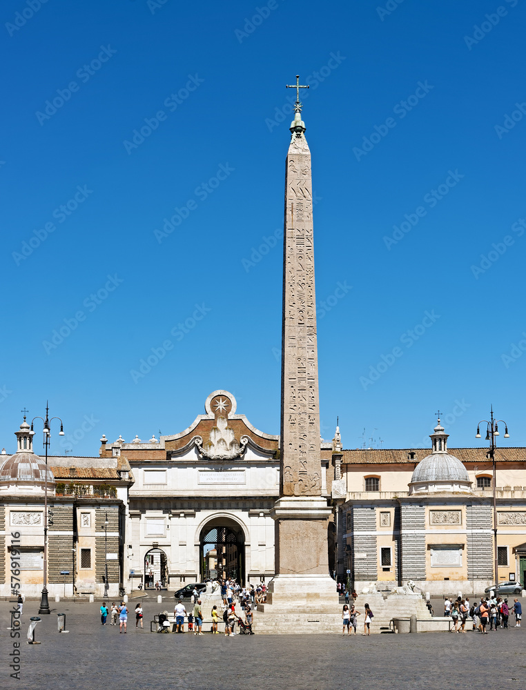The 24 meter tall obelisk, originally built by Ramses II around 1300 BC. At 30BC transported in Rome, placed at Piazza del Popolo in 1589
