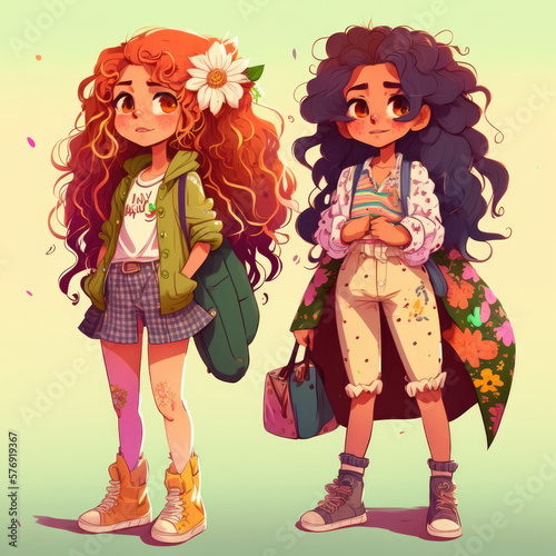stylish teens, happy, colorful background, cool clothes, long curly hair, generative AI finalized in Photoshop by me 