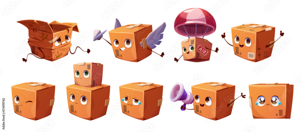 Vetor de Parcel box mascot cartoon character set with face and emotions ...