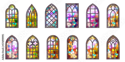 Gothic stained glass windows. Church medieval arches. Catholic cathedral mosaic frames. Old architecture design. Vector set