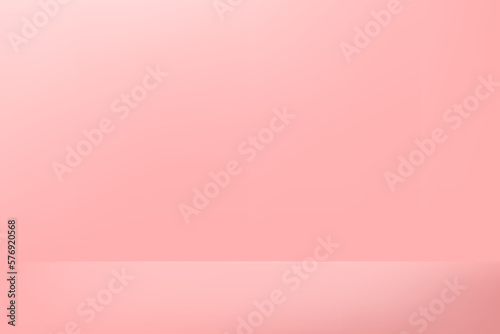 Pink background. Empty studio room for product display. Floor, table and wall space. Pastel color gradient backdrop. Perspective platform for presentation. Vector