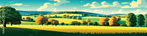 Spring green fields landscape with mountain and trees, blue sky cloud, panorama of peaceful rural nature in spring with green grassy ground. Cartoon vector illustration for spring and summer banner 