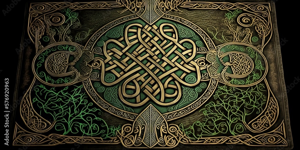 Book of Kells Irish Celtic Knot on Bible with Greens and Gold for St Patrick's Day Ai Art computer background wallpaper