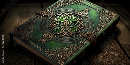 Ornate Book of Kells with Celtic Irish Knot in Greens and Golds for St Patrick's Day Ai Art Computer background wallpaper