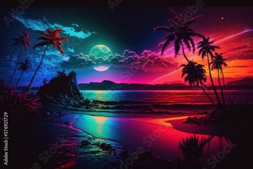 Colourful Neon Sunset on Tropical Island Beach - Generative Ai Illustration 