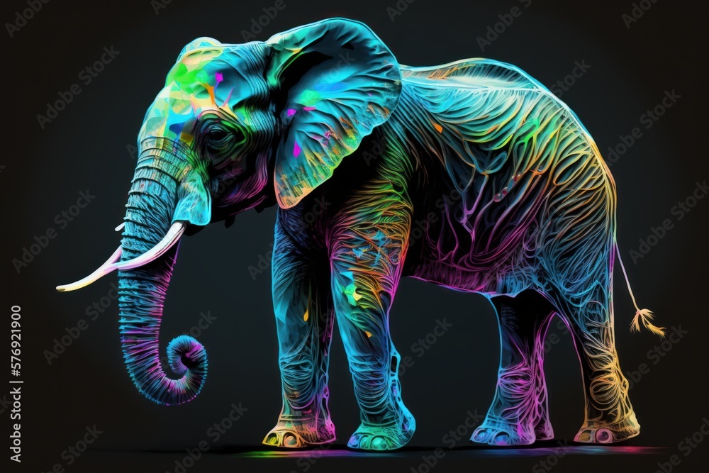 Obraz premium Elephant Illustration in bright neon colors - Isolated Black Background - Generative AI Illustration