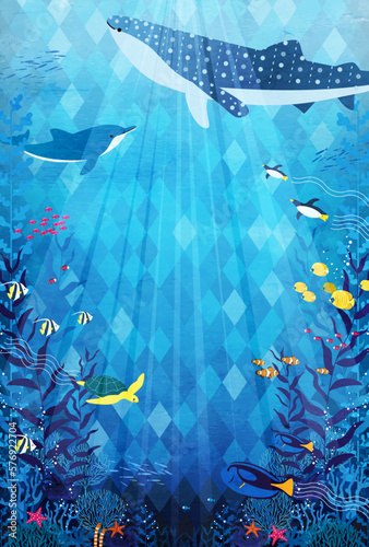 海中の魚やイルカ、ジンベエザメの暑中見舞いのベクターイラスト背景