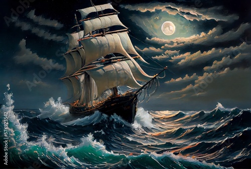 A ship sailing in the night at the sea
