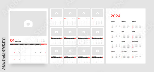 Monthly calendar template for 2024 year. Wall calendar in a minimalist style. Week Starts on Sunday. Diary planner template with place for photo.