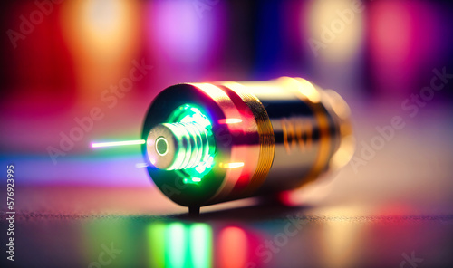 A small cylindrical laser diode producing a narrow beam of light photo