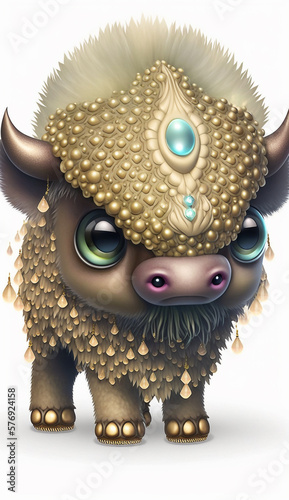 Very Sweet Baby Bison  Bejeweled Only White Background Generative AI Digital Illustration Part 20323 