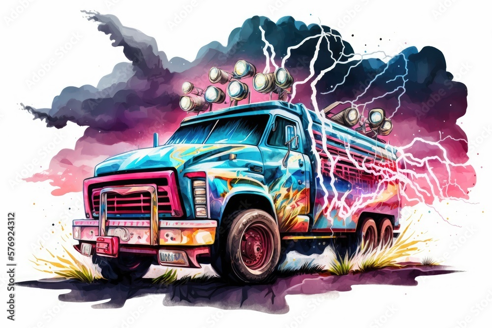 Watercolor monster truck with lightning bolts, fire engines, SUVs, trucks, arrows, stars, and a desert landscape. Generative AI