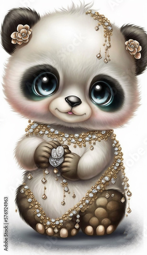 Very Sweet Baby Panda  Bejeweled Only White Background Generative AI Digital Illustration Part#20323 