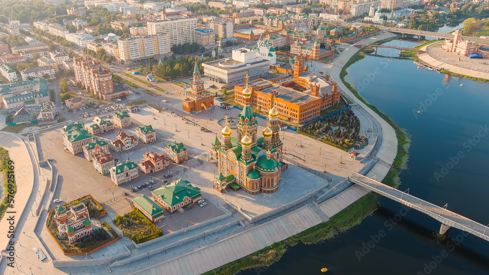 Yoshkar-Ola, Russia. Cathedral of the Annunciation of the Blessed Virgin in Yoshkar-Ola. City Center During Sunset, Aerial View