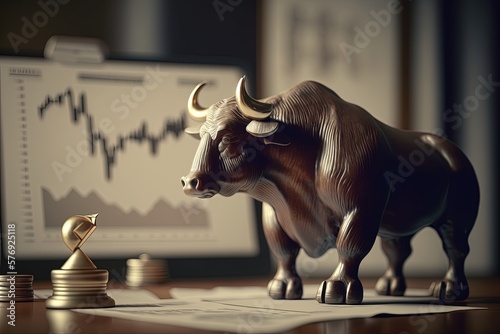 The bull figurine sits on a desk next to a stock market price graph. Generative AI