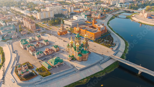 Yoshkar-Ola, Russia. Cathedral of the Annunciation of the Blessed Virgin in Yoshkar-Ola. City Center During Sunset, Aerial View