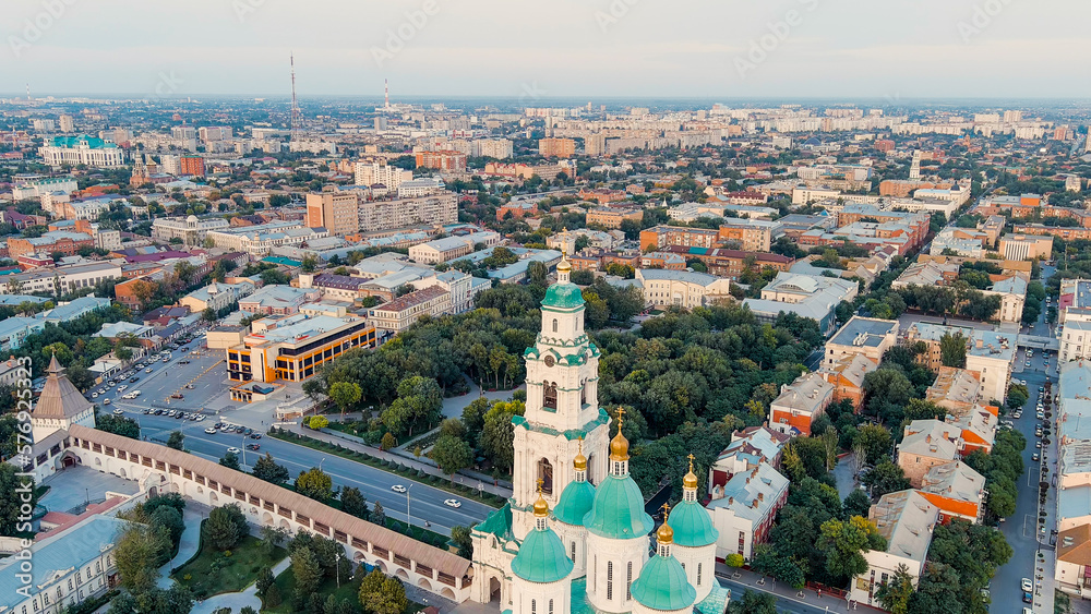 Astrakhan, Russia. Cathedral of the Assumption of the Blessed Virgin. Astrakhan Kremlin during sunset, Aerial View