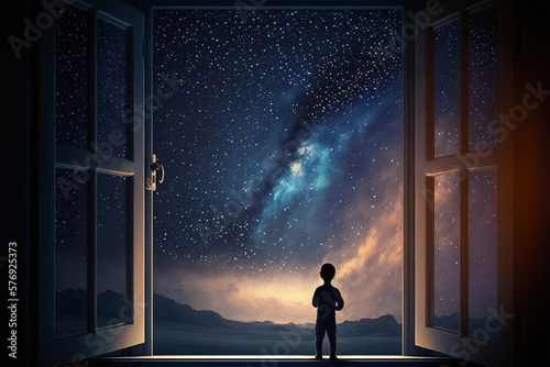 a child looking at the sky and stars from his bedroom  midnight time  idea for imagination and dream concept  Generative Ai