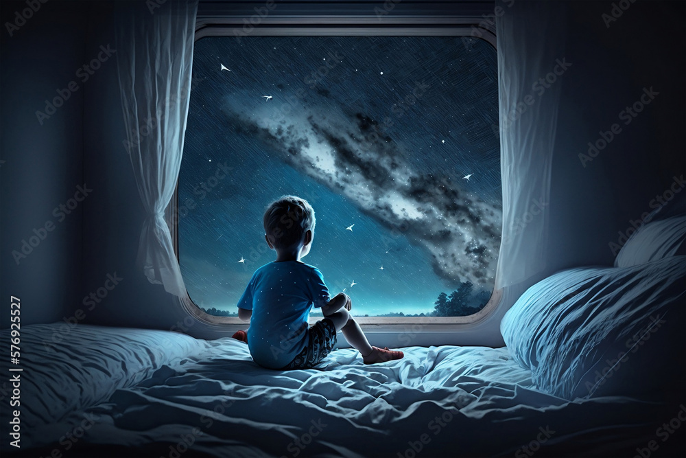a child looking at the sky and stars from his bedroom, midnight time, idea for imagination and dream concept, Generative Ai a child looking at the sky and stars from his bedroom, midnight time, idea for imagination and dream concept, Generative Ai