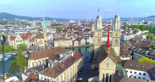 aerial zurich switzerland orbit church europe bridge clock architecture tourist photo