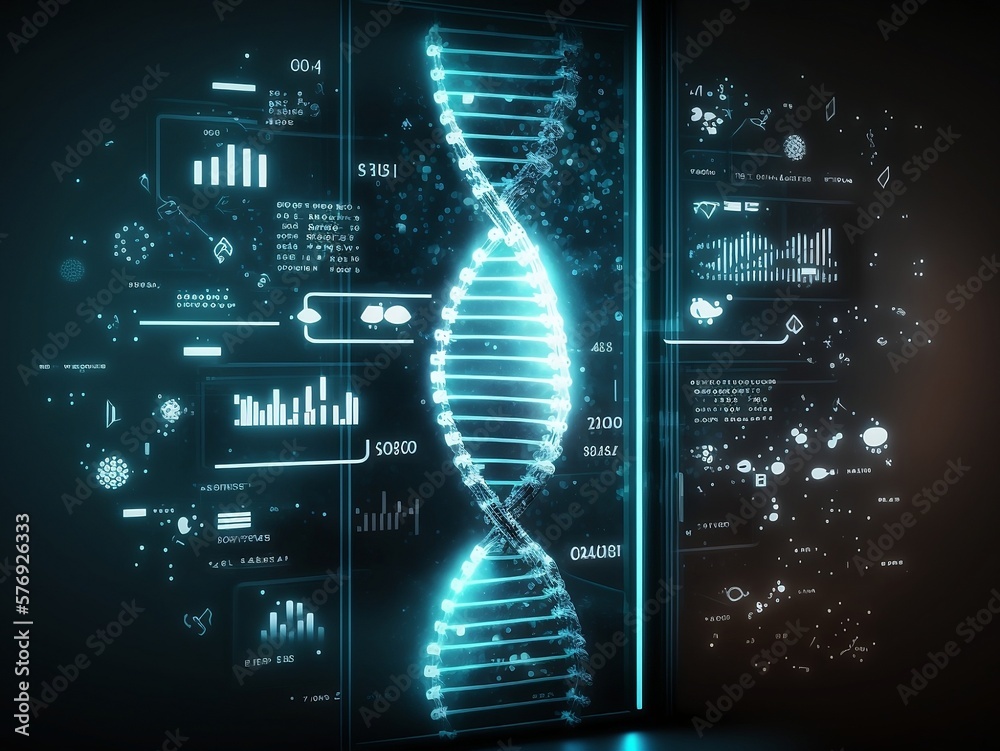 This is a 3D render of a DNA strand on a hologram modern virtual screen ...