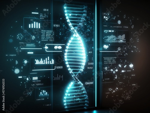 This is a 3D render of a DNA strand on a hologram modern virtual screen interface with digital healthcare and network connection, representing medical technology and network concept.