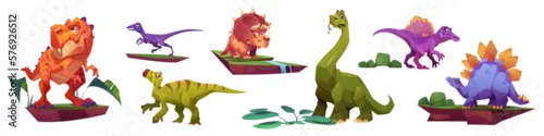 Obraz Cartoon dinosaur isolated vector character set. Prehistoric triceratops, stegosaurus and tyrannosaurus jurassic lovely clipart collection. Big adorable dino beast game design for kindergarten mascot.