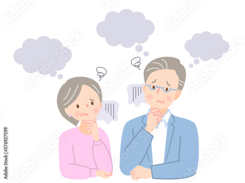 考える、困った表情のシニア男女のイラスト素材