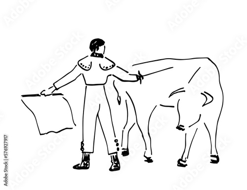 Traditional Spanish corrida. Toreador fighting a bull. Simple black outline vector drawing. Ink sketch.