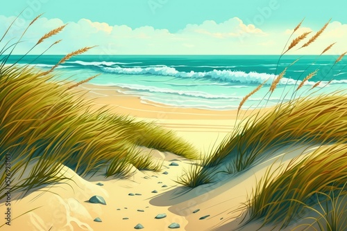Seascape with dunes and sea grass. Image of golden beach grass on a pastel beach. Generative AI