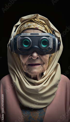 An old woman wearing a virtual reality headset. Virtual Reality, VR Concept. Created with generative AI technology.