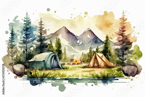 Camping landscape with mountains background. Watercolor vector illustration